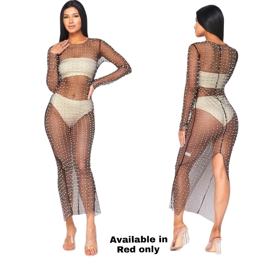 Pearl Detail & Rhinestone Sheer Mesh Long Maxi Dress